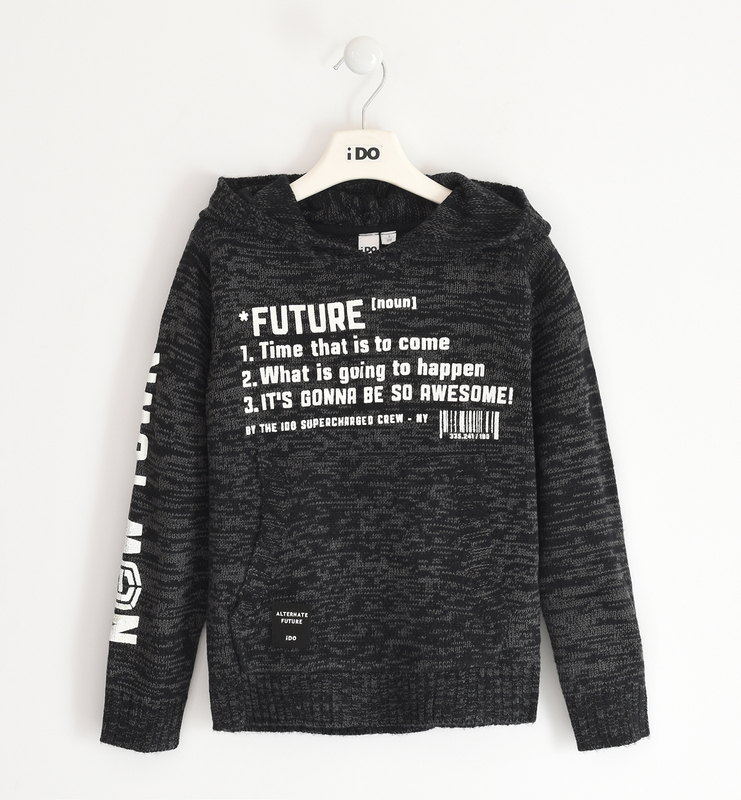 Sweter z kapturem napisy kolor ciemny szary melanż iDO