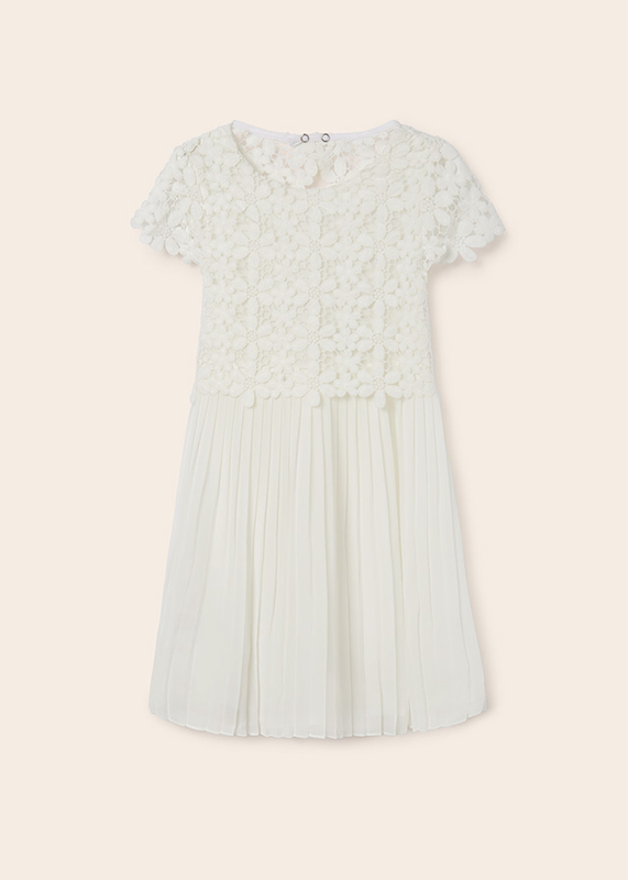 Sukienka wizytowa łączona z elementami gipiury kolor Kremowy Mayoral dla dziewczynki pokomunijna