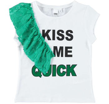 Koszulka krótki rękaw kolor biały falbanka z koronki kolor zielony  iDO dla dziewczynki