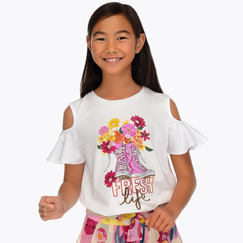 Koszulka krótki rękaw odsłonięte ramiona buty kwiaty kolor biały Mayoral dla dziewczynki