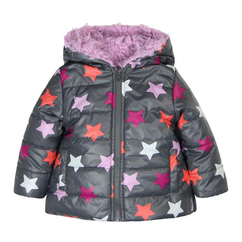 Kurtka zimowa w gwiazdki dwustronna w kolorze szarym z fioletowym futrem Boboli dla dziewczynki