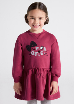 Sukienka długi rękaw dresowa z falbanką dla dziewczynki koty kolor Malina  Mayoral