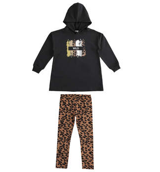 Komplet tunika bluza z kapturem "wild" leginsy cętki kolor czarny iDo dla dziewczynki