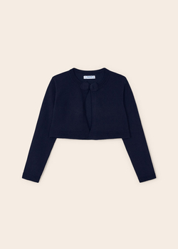 Sweterek bolerko trykot do sukienki z ozdobną kokadą kolor granatowy Mayoral dla dziewczynki 