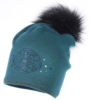 Czapka zimowa Panama kolor szmaragd dla dziewczynki pompon futrzany Jamiks