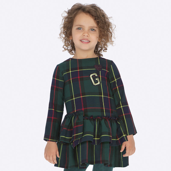 Sukienka w kratę z falbanką w kolorze butelkowa zieleń Mayoral dla dziewczynki
