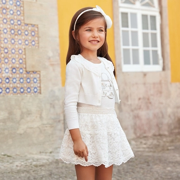 Komplet spódnica koronka  bluzka bez rękawów torba kolor kremowy Mayoral dla dziewczynki